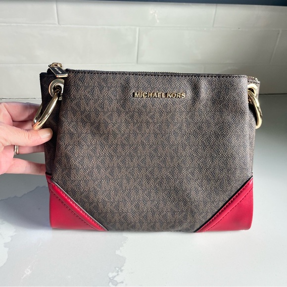 Michael Kors Nicole Large Brown Signature Logo and Merlot Leather Trim Crossbody - Picture 15 of 16